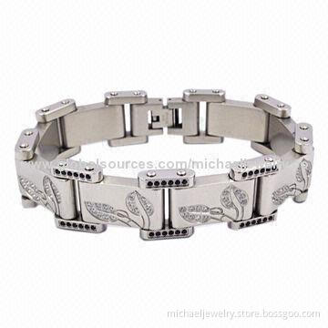 Stainless Steel Bracelets with 220pcs of Black and White CZ Stones and Lovely Leaf Shape